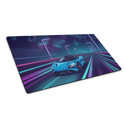 McLaren 765LT Inspired Cyan Blue Vaporwave Gaming Mouse Pad – Neon Cosmic Highway Desk Mat, Retro Futuristic Synthwave Supercar Digital Art