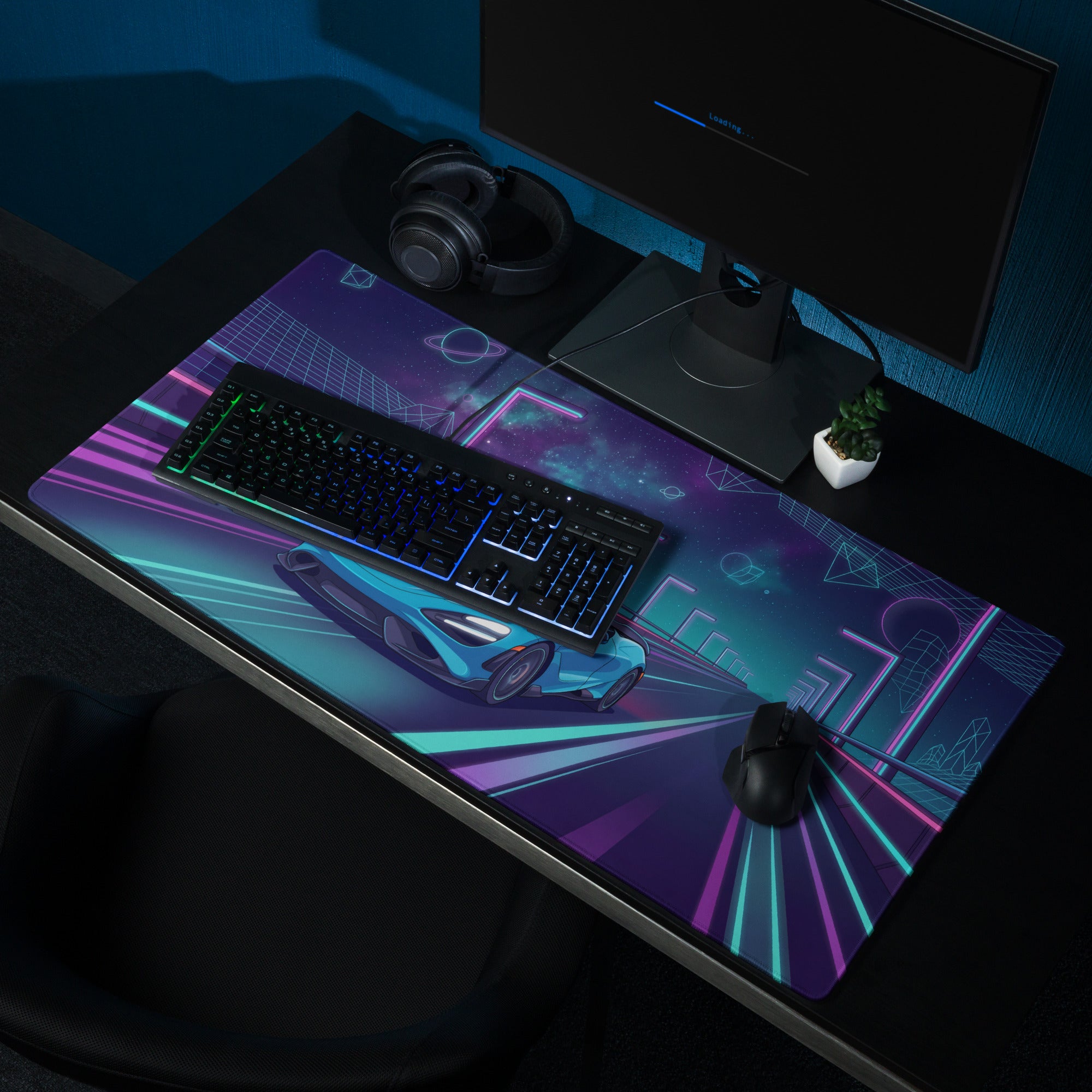 McLaren 765LT Inspired Cyan Blue Vaporwave Gaming Mouse Pad – Neon Cosmic Highway Desk Mat, Retro Futuristic Synthwave Supercar Digital Art