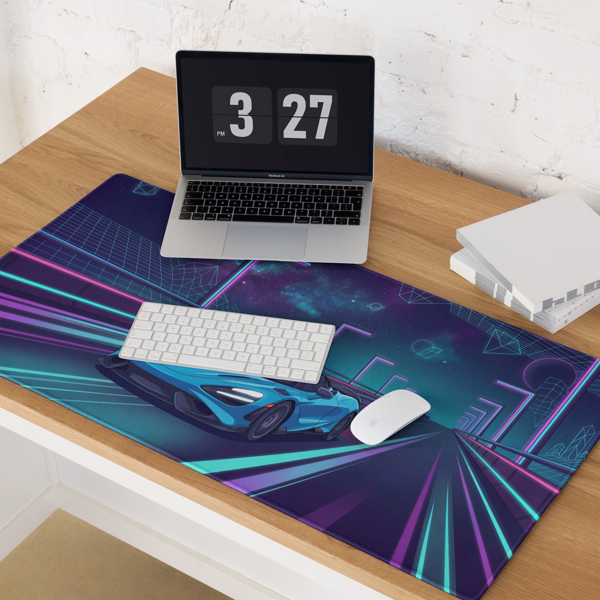McLaren 765LT Inspired Cyan Blue Vaporwave Gaming Mouse Pad – Neon Cosmic Highway Desk Mat, Retro Futuristic Synthwave Supercar Digital Art