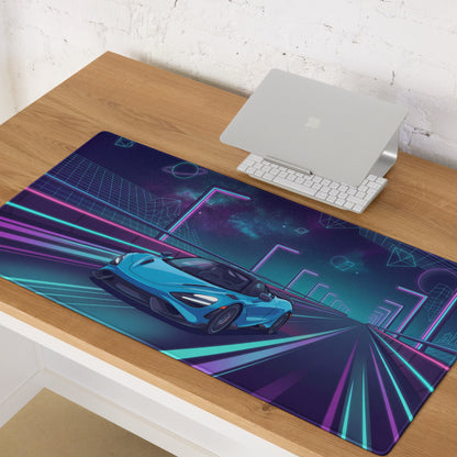McLaren 765LT Inspired Cyan Blue Vaporwave Gaming Mouse Pad – Neon Cosmic Highway Desk Mat, Retro Futuristic Synthwave Supercar Digital Art