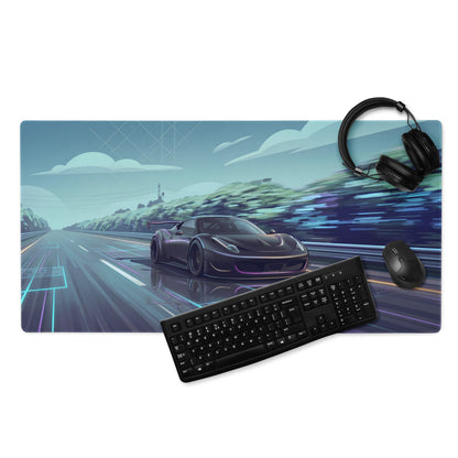 Ferrari 458 GT3 Inspired Matte Black Vaporwave Gaming Mouse Pad – Neon Highway Desk Mat, Futuristic Synthwave Racing Supercar Digital Art