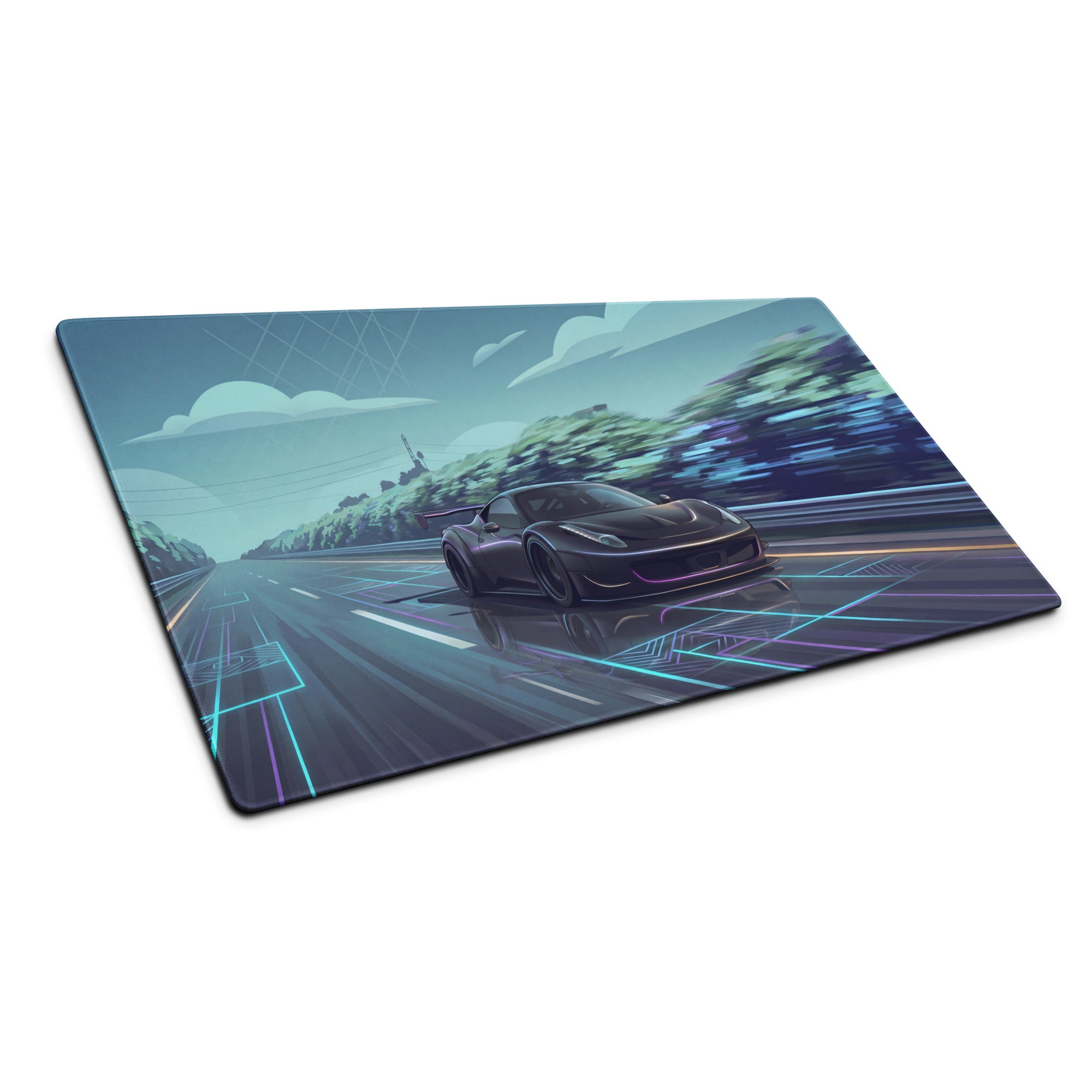 Ferrari 458 GT3 Inspired Matte Black Vaporwave Gaming Mouse Pad – Neon Highway Desk Mat, Futuristic Synthwave Racing Supercar Digital Art