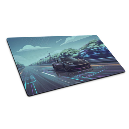 Ferrari 458 GT3 Inspired Matte Black Vaporwave Gaming Mouse Pad – Neon Highway Desk Mat, Futuristic Synthwave Racing Supercar Digital Art