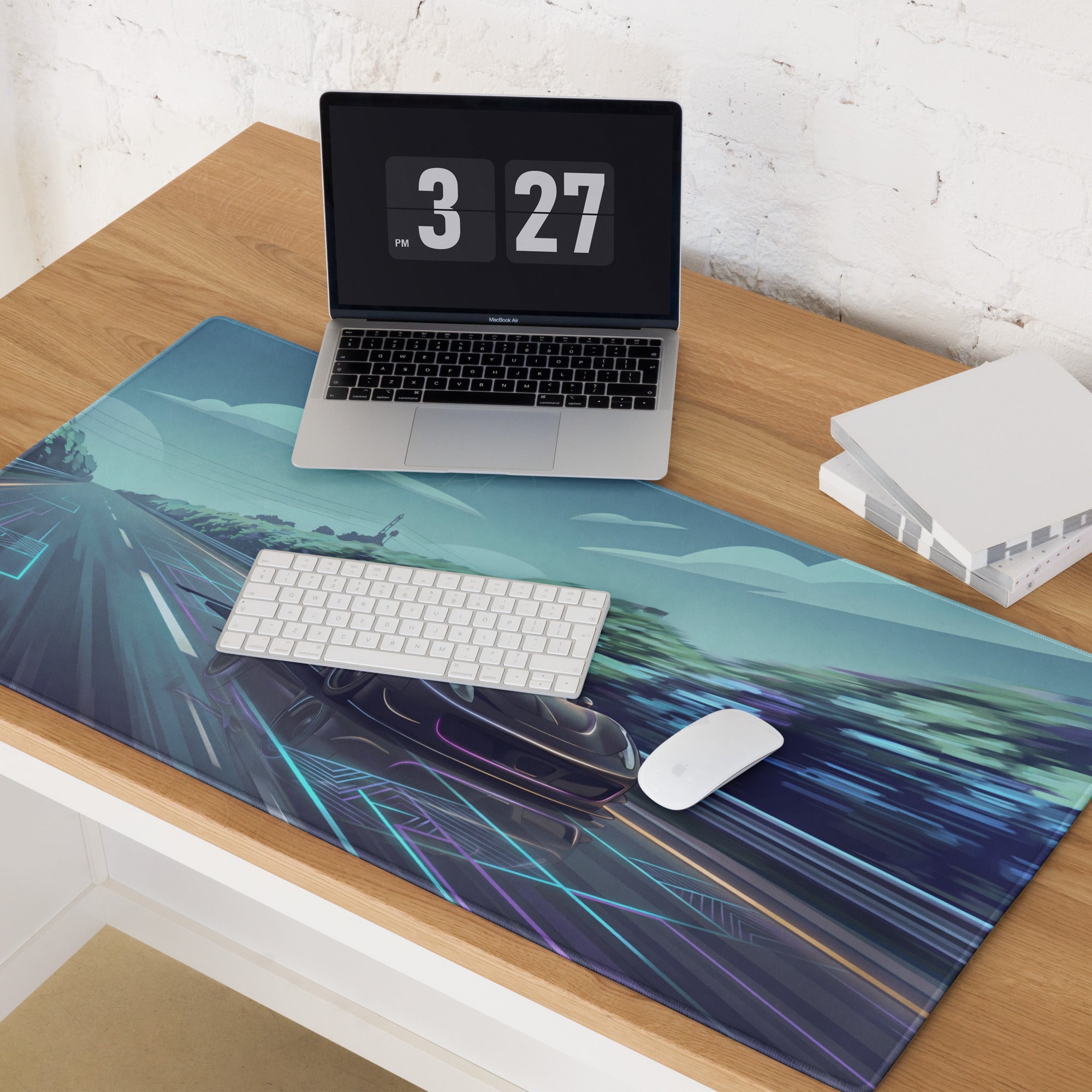 Ferrari 458 GT3 Inspired Matte Black Vaporwave Gaming Mouse Pad – Neon Highway Desk Mat, Futuristic Synthwave Racing Supercar Digital Art
