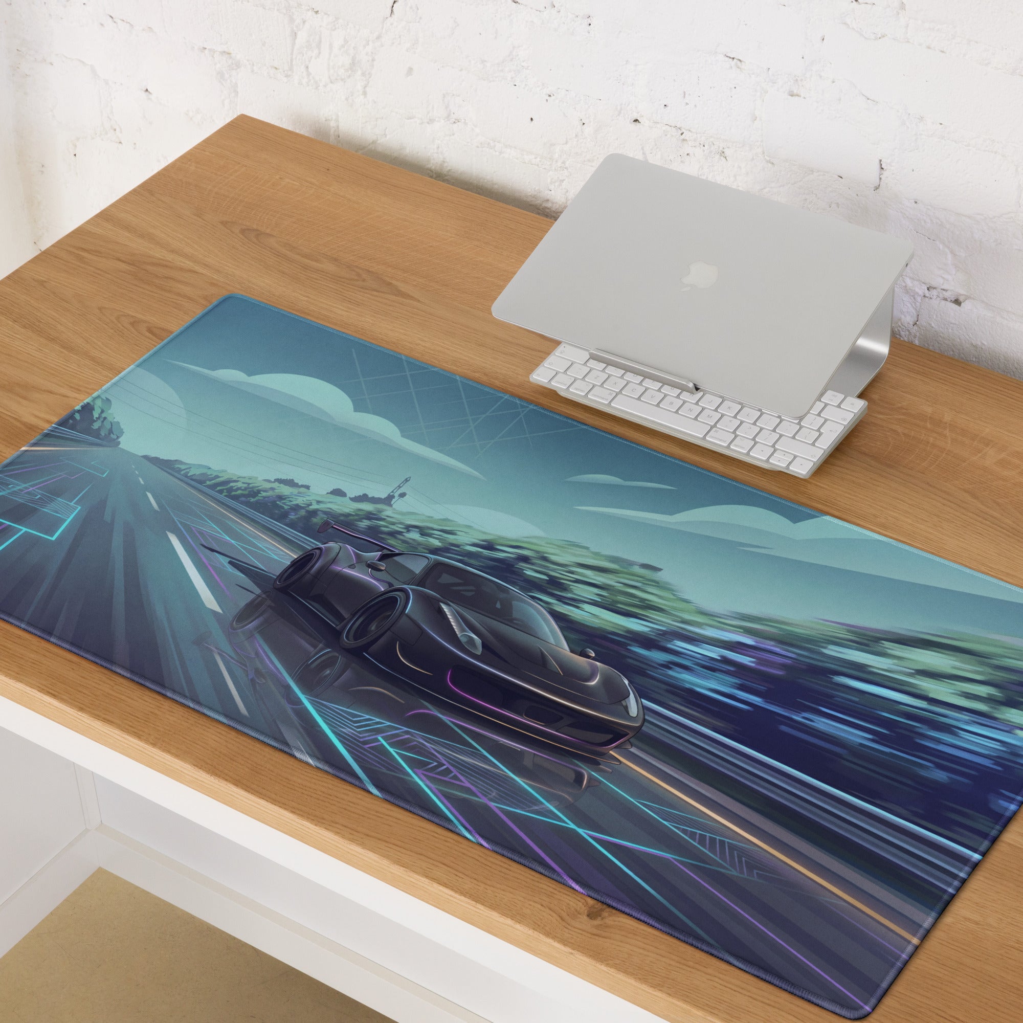 Ferrari 458 GT3 Inspired Matte Black Vaporwave Gaming Mouse Pad – Neon Highway Desk Mat, Futuristic Synthwave Racing Supercar Digital Art
