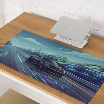 Ferrari 458 GT3 Inspired Matte Black Vaporwave Gaming Mouse Pad – Neon Highway Desk Mat, Futuristic Synthwave Racing Supercar Digital Art