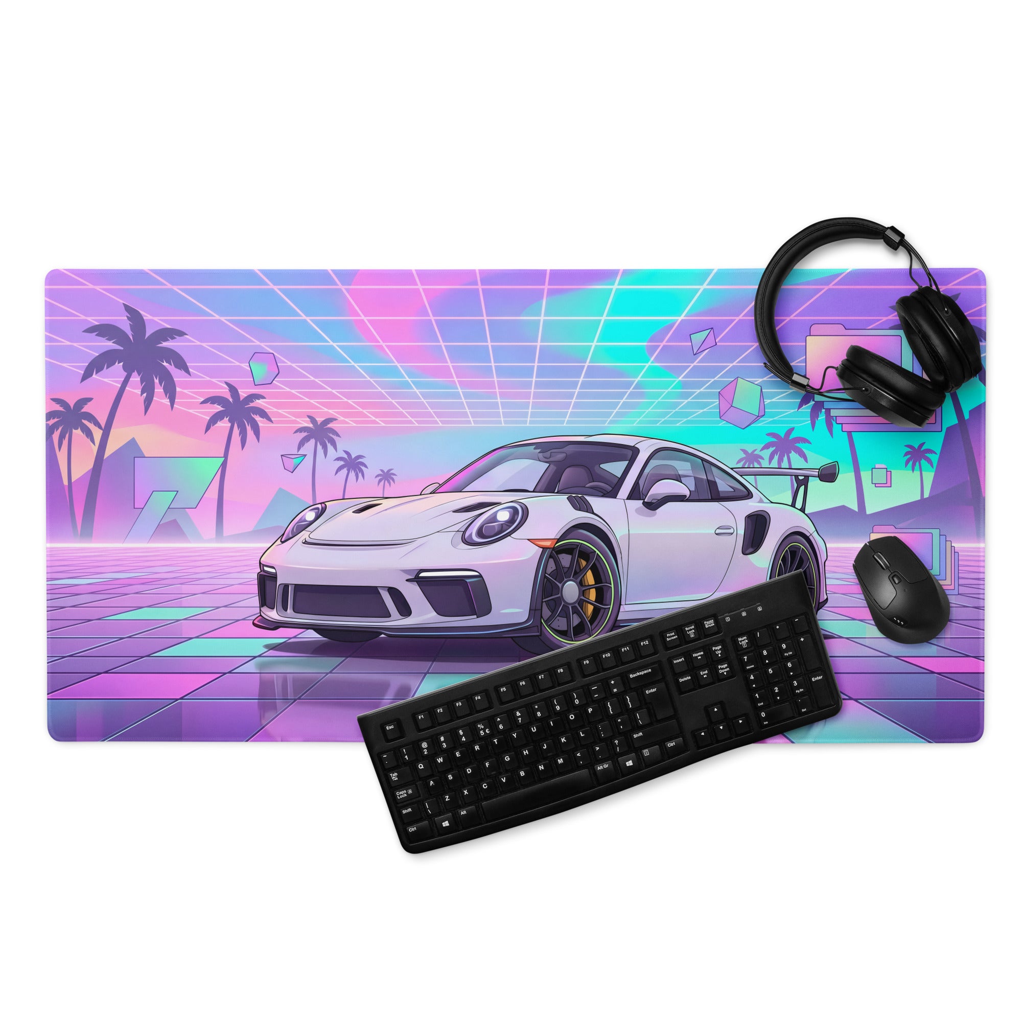 Porsche 911 GT3 RS Inspired White Vaporwave Gaming Mouse Pad – Pastel Neon Palm Grid Desk Mat, Retro Futuristic Synthwave Sports Car Digital Art