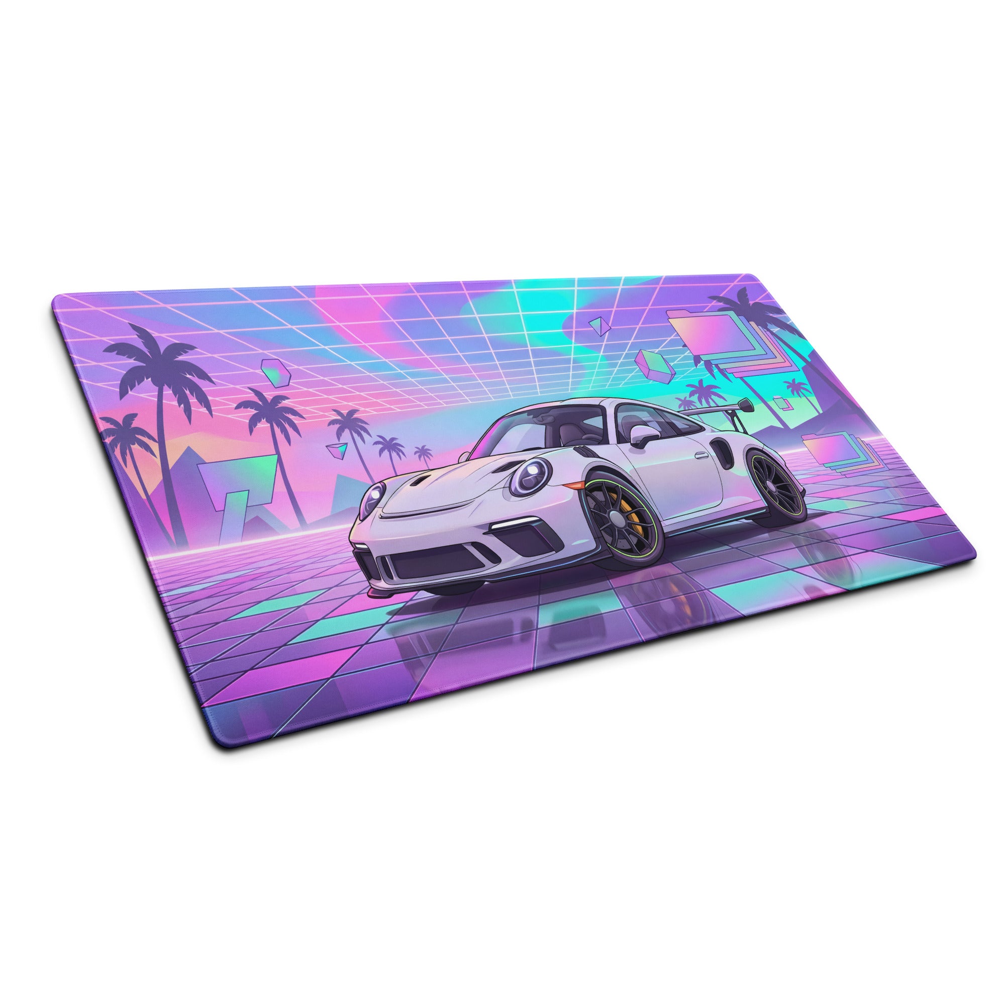 Porsche 911 GT3 RS Inspired White Vaporwave Gaming Mouse Pad – Pastel Neon Palm Grid Desk Mat, Retro Futuristic Synthwave Sports Car Digital Art