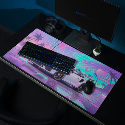 Porsche 911 GT3 RS Inspired White Vaporwave Gaming Mouse Pad – Pastel Neon Palm Grid Desk Mat, Retro Futuristic Synthwave Sports Car Digital Art