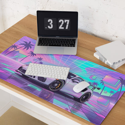 Porsche 911 GT3 RS Inspired White Vaporwave Gaming Mouse Pad – Pastel Neon Palm Grid Desk Mat, Retro Futuristic Synthwave Sports Car Digital Art