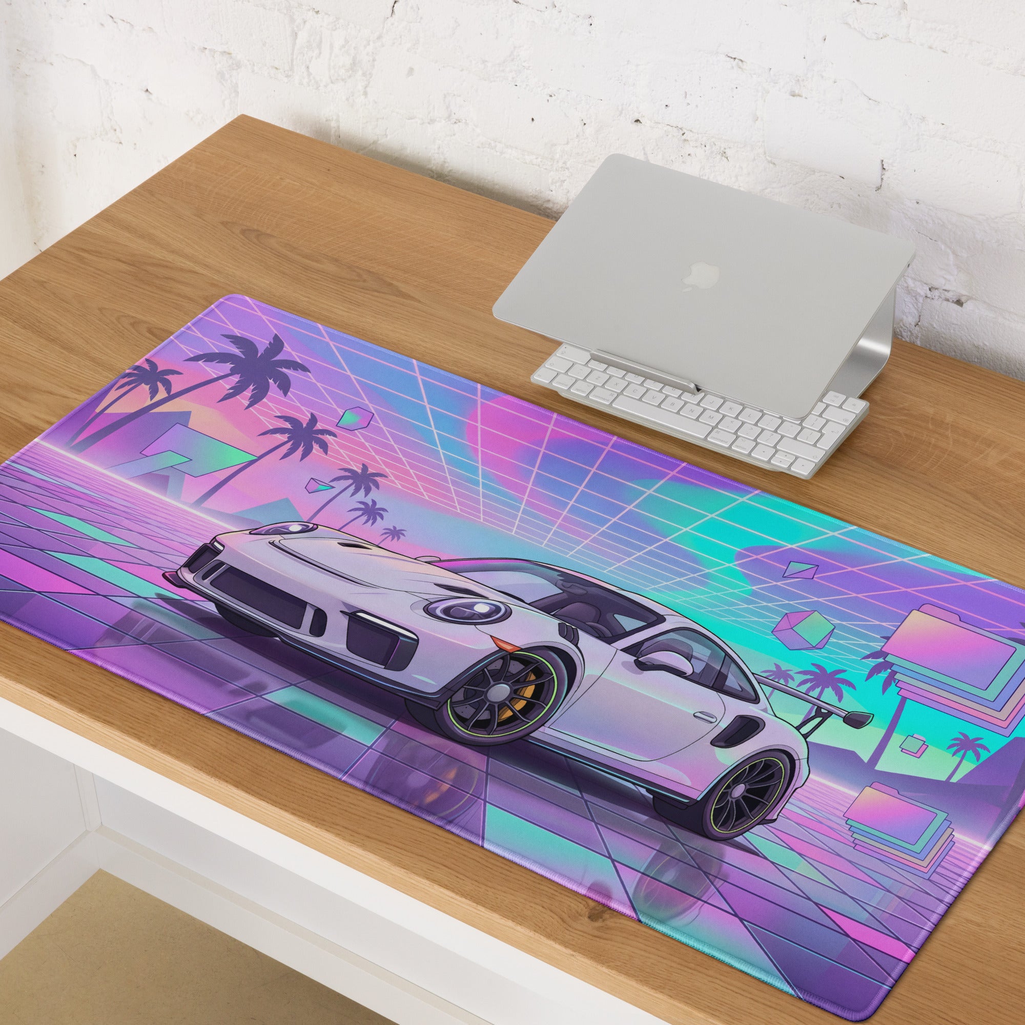 Porsche 911 GT3 RS Inspired White Vaporwave Gaming Mouse Pad – Pastel Neon Palm Grid Desk Mat, Retro Futuristic Synthwave Sports Car Digital Art