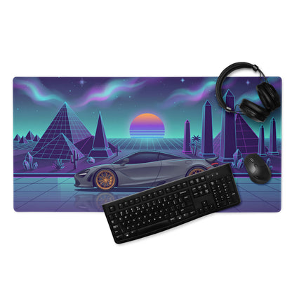 McLaren 765LT Inspired Slate Gray Vaporwave Gaming Mouse Pad – Neon Pyramid Desert Desk Mat, Retro Futuristic Synthwave Supercar Digital Art