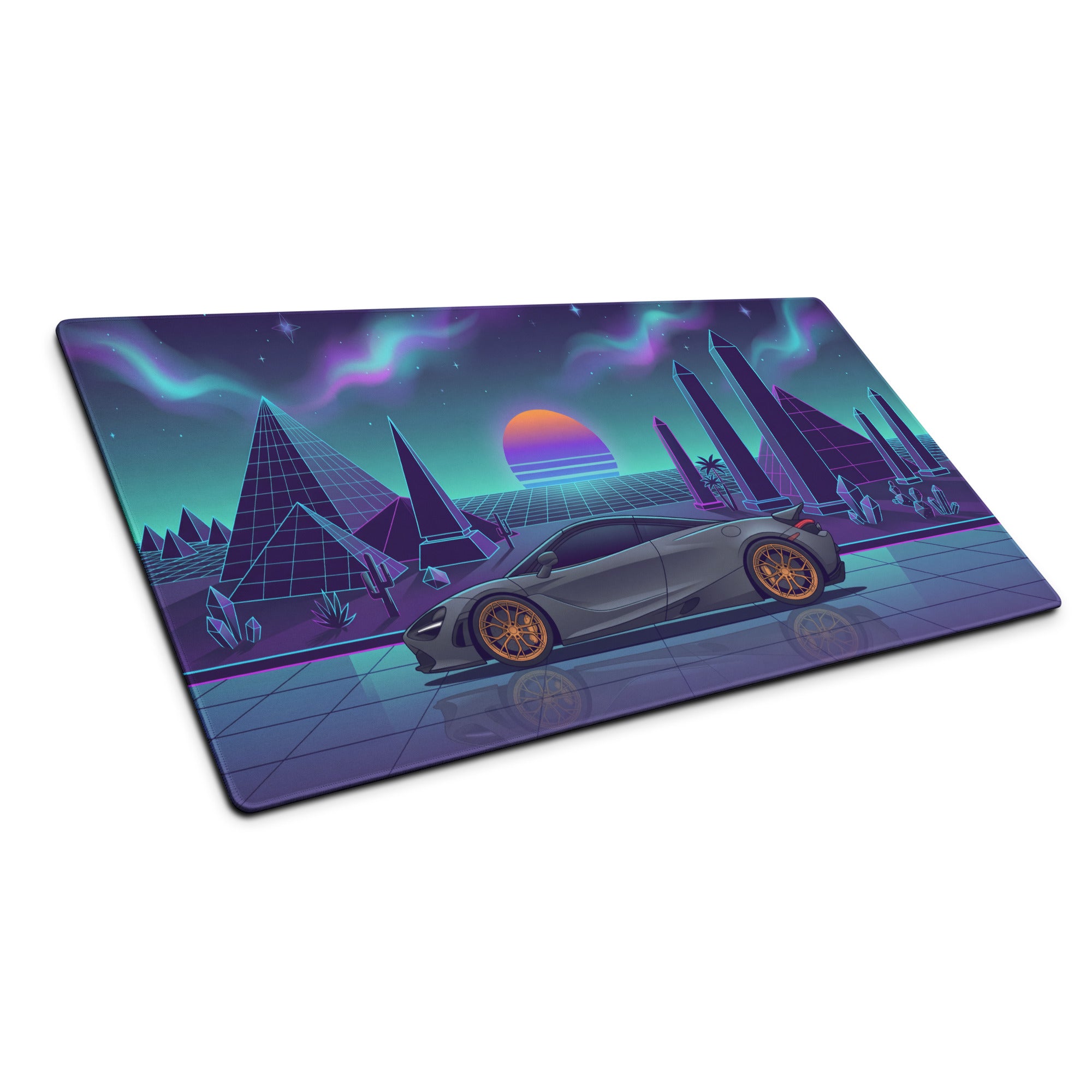McLaren 765LT Inspired Slate Gray Vaporwave Gaming Mouse Pad – Neon Pyramid Desert Desk Mat, Retro Futuristic Synthwave Supercar Digital Art