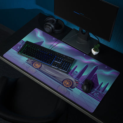 McLaren 765LT Inspired Slate Gray Vaporwave Gaming Mouse Pad – Neon Pyramid Desert Desk Mat, Retro Futuristic Synthwave Supercar Digital Art