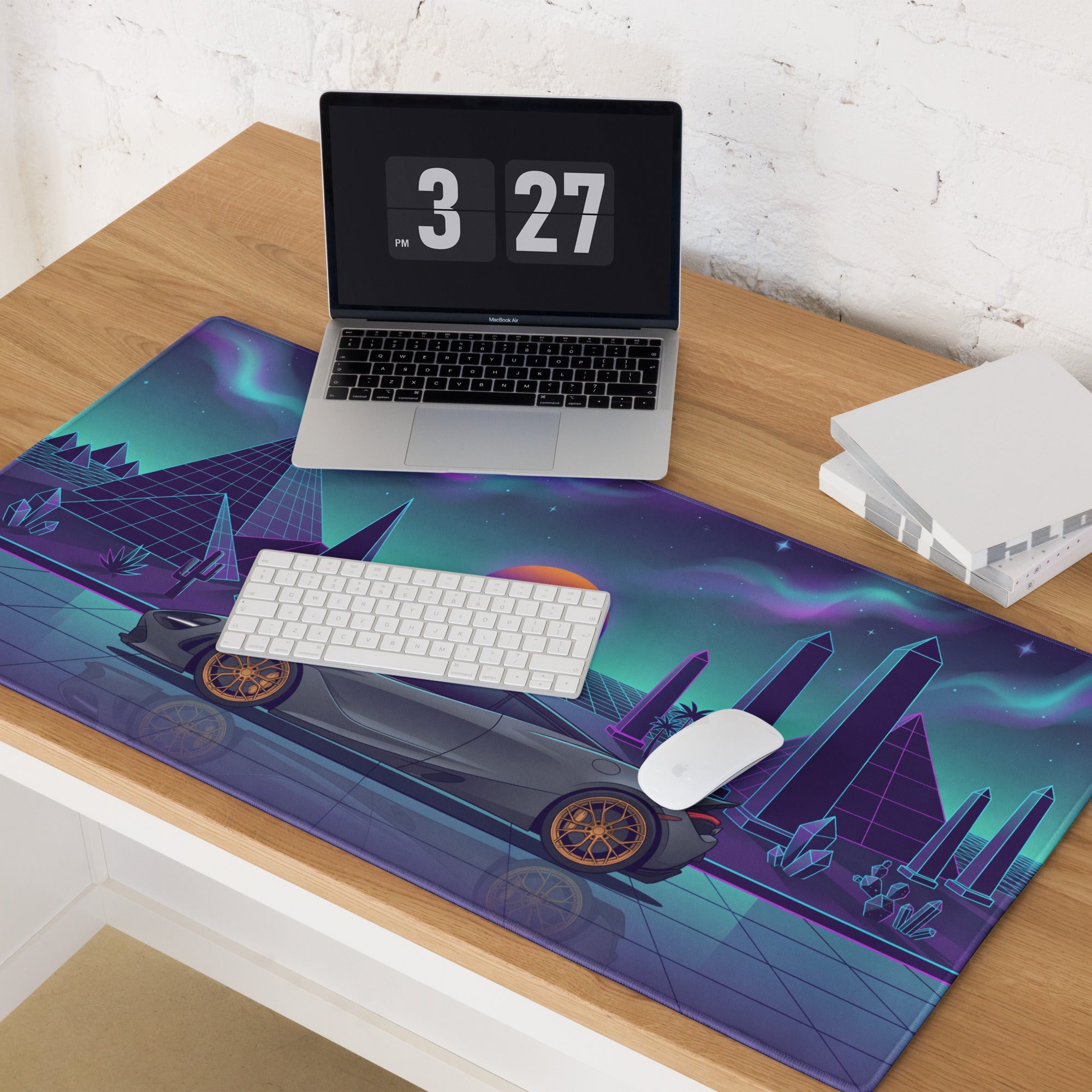 McLaren 765LT Inspired Slate Gray Vaporwave Gaming Mouse Pad – Neon Pyramid Desert Desk Mat, Retro Futuristic Synthwave Supercar Digital Art