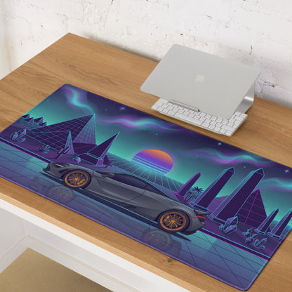 McLaren 765LT Inspired Slate Gray Vaporwave Gaming Mouse Pad – Neon Pyramid Desert Desk Mat, Retro Futuristic Synthwave Supercar Digital Art