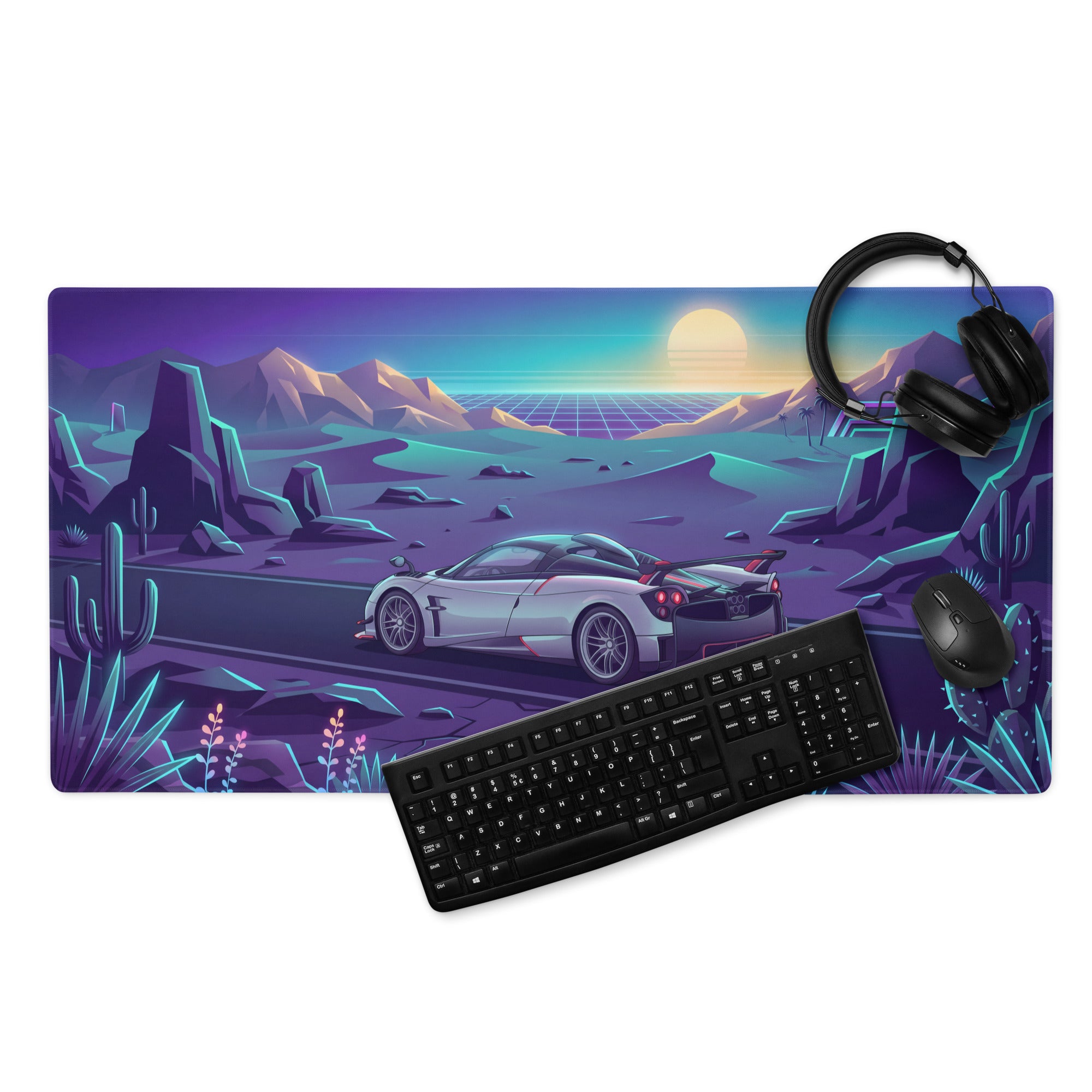 Pagani Huayra Roadster BC Inspired Silver Vaporwave Gaming Mouse Pad – Neon Desert Sunset Desk Mat, Retro Futuristic Synthwave Hypercar Digital Art
