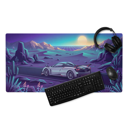 Pagani Huayra Roadster BC Inspired Silver Vaporwave Gaming Mouse Pad – Neon Desert Sunset Desk Mat, Retro Futuristic Synthwave Hypercar Digital Art