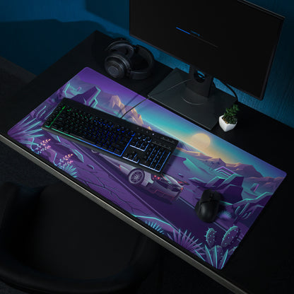 Pagani Huayra Roadster BC Inspired Silver Vaporwave Gaming Mouse Pad – Neon Desert Sunset Desk Mat, Retro Futuristic Synthwave Hypercar Digital Art