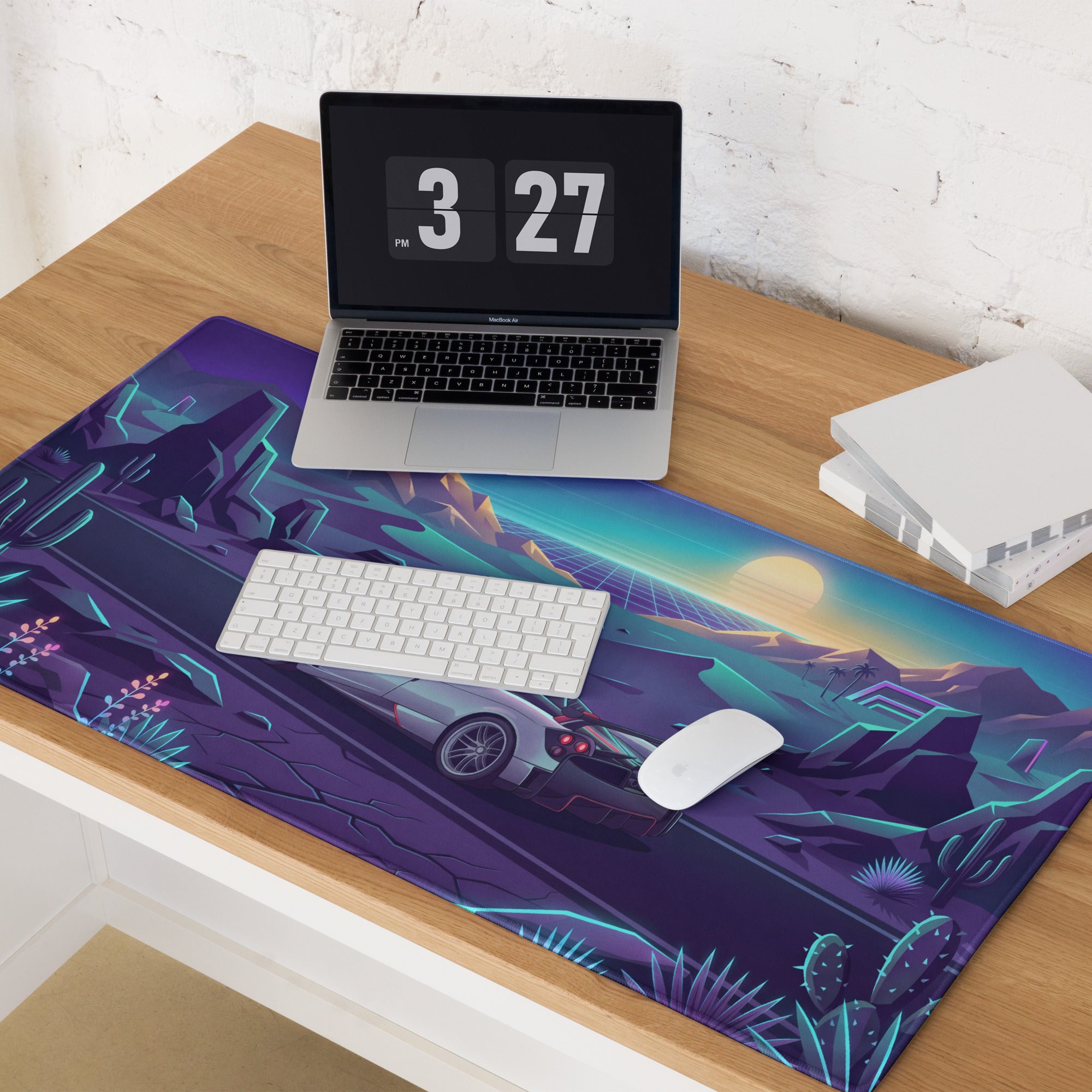 Pagani Huayra Roadster BC Inspired Silver Vaporwave Gaming Mouse Pad – Neon Desert Sunset Desk Mat, Retro Futuristic Synthwave Hypercar Digital Art