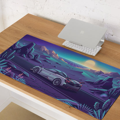 Pagani Huayra Roadster BC Inspired Silver Vaporwave Gaming Mouse Pad – Neon Desert Sunset Desk Mat, Retro Futuristic Synthwave Hypercar Digital Art