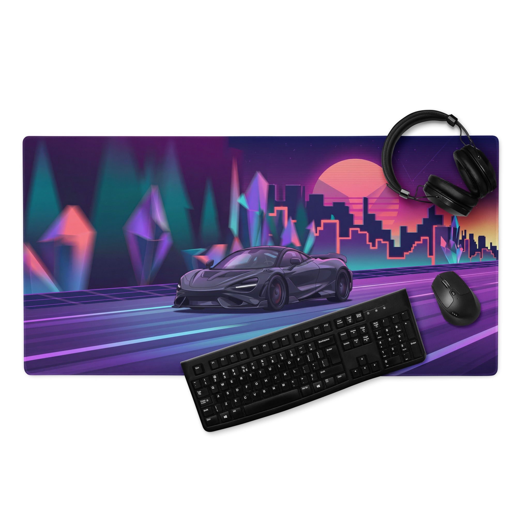 McLaren 765LT Inspired Purple Vaporwave Gaming Mouse Pad – Neon Sunset City Desk Mat, Retro Futuristic Supercar Digital Art with Crystal Forest