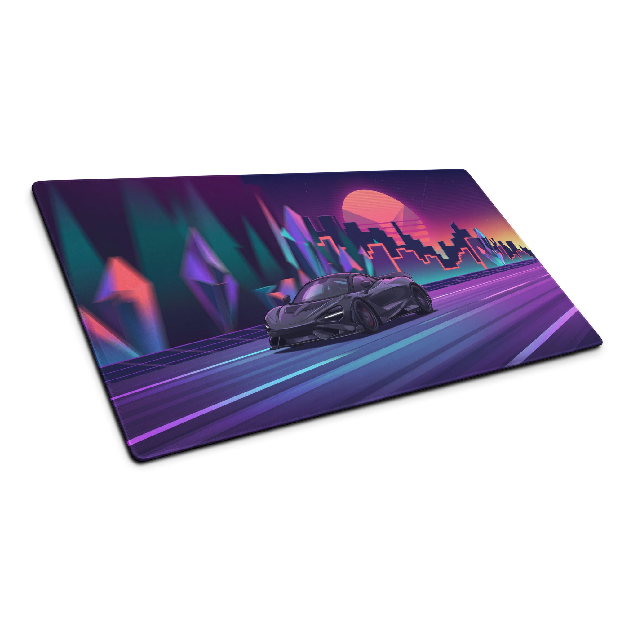McLaren 765LT Inspired Purple Vaporwave Gaming Mouse Pad – Neon Sunset City Desk Mat, Retro Futuristic Supercar Digital Art with Crystal Forest