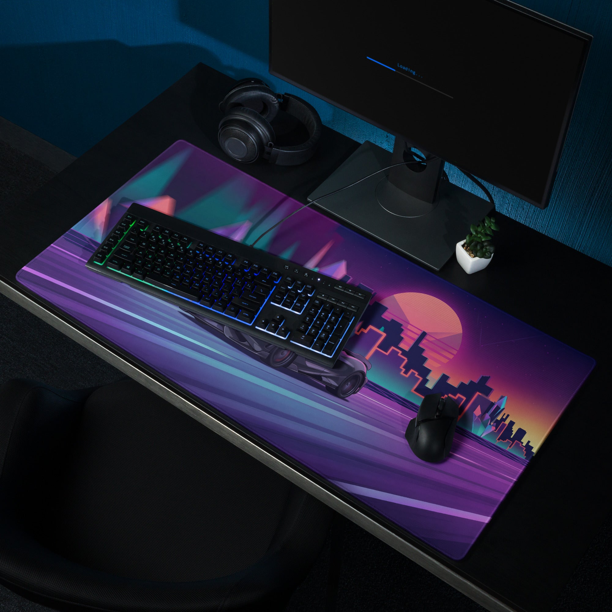 McLaren 765LT Inspired Purple Vaporwave Gaming Mouse Pad – Neon Sunset City Desk Mat, Retro Futuristic Supercar Digital Art with Crystal Forest