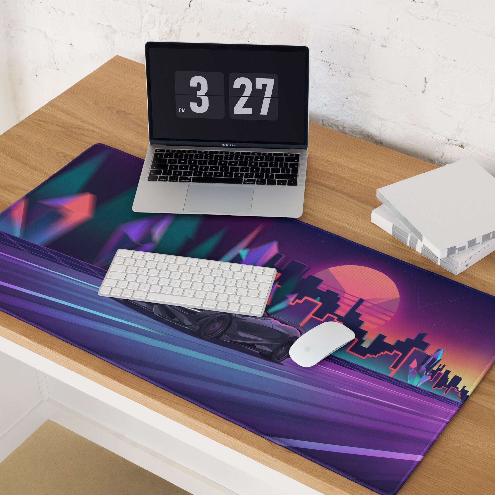 McLaren 765LT Inspired Purple Vaporwave Gaming Mouse Pad – Neon Sunset City Desk Mat, Retro Futuristic Supercar Digital Art with Crystal Forest