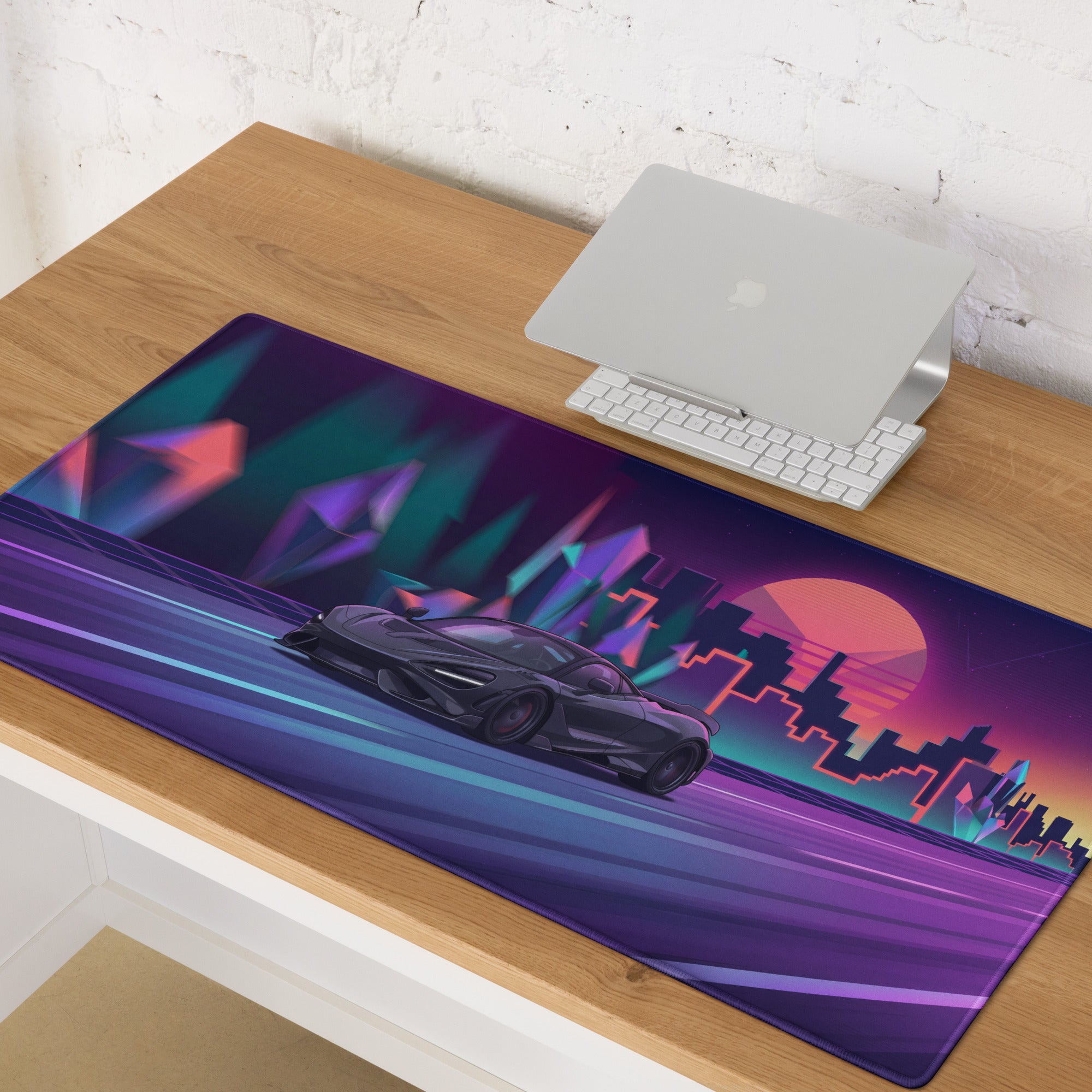 McLaren 765LT Inspired Purple Vaporwave Gaming Mouse Pad – Neon Sunset City Desk Mat, Retro Futuristic Supercar Digital Art with Crystal Forest