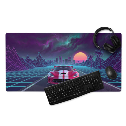 Dodge Viper ACR Inspired Red White Vaporwave Gaming Mouse Pad – Neon Grid Highway Desk Mat, Retro Futuristic City Sunset Supercar Digital Art