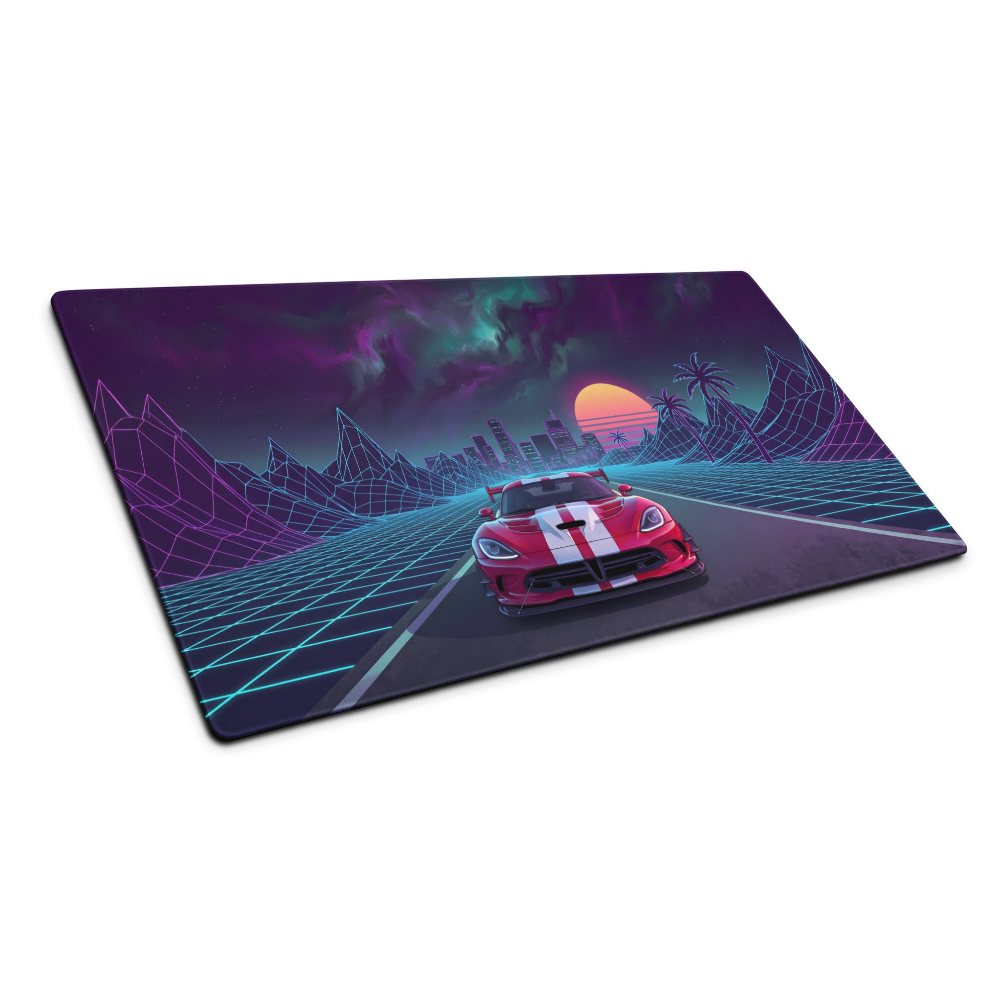 Dodge Viper ACR Inspired Red White Vaporwave Gaming Mouse Pad – Neon Grid Highway Desk Mat, Retro Futuristic City Sunset Supercar Digital Art