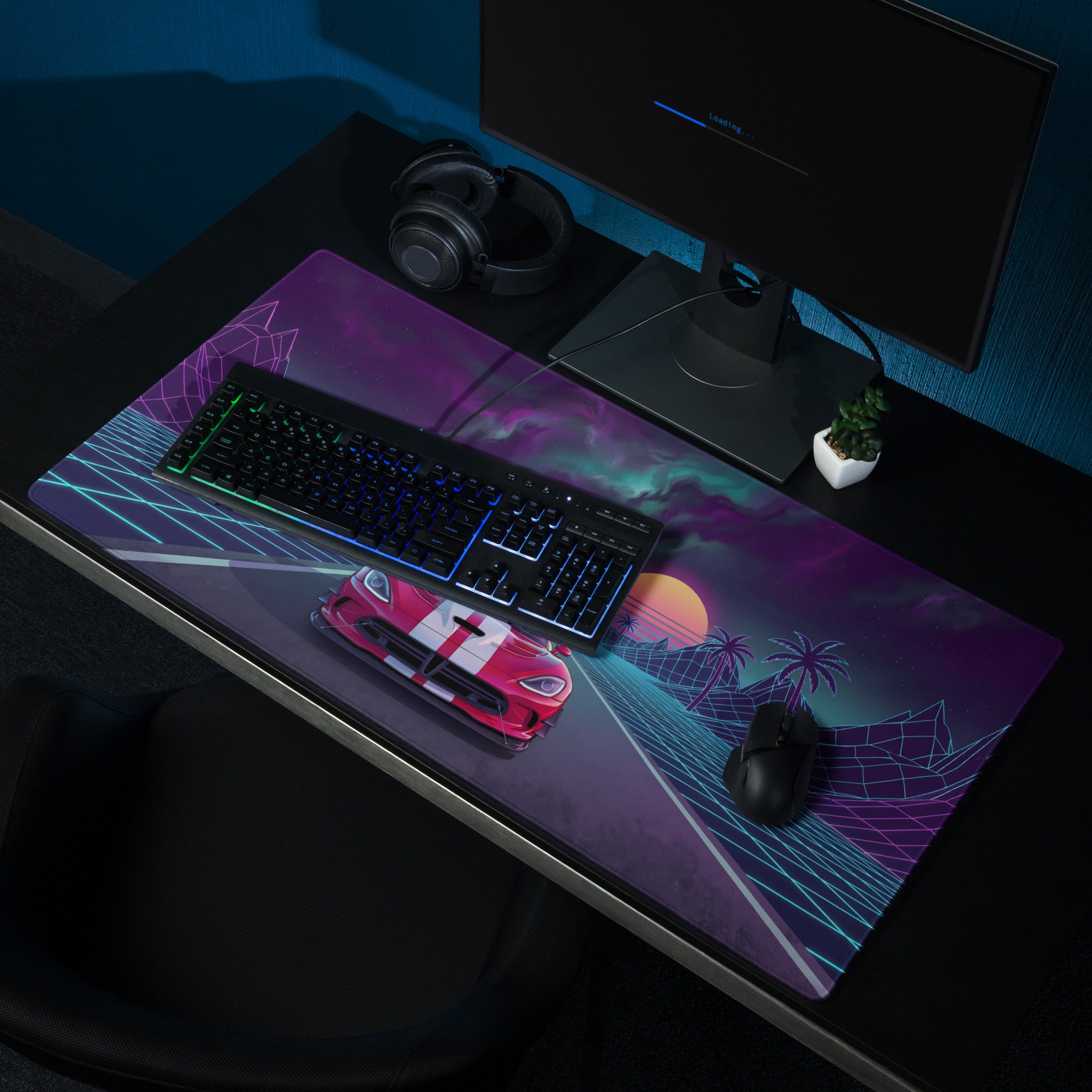 Dodge Viper ACR Inspired Red White Vaporwave Gaming Mouse Pad – Neon Grid Highway Desk Mat, Retro Futuristic City Sunset Supercar Digital Art