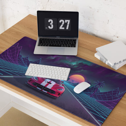 Dodge Viper ACR Inspired Red White Vaporwave Gaming Mouse Pad – Neon Grid Highway Desk Mat, Retro Futuristic City Sunset Supercar Digital Art