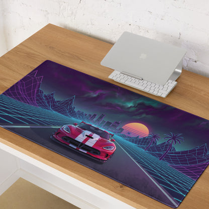 Dodge Viper ACR Inspired Red White Vaporwave Gaming Mouse Pad – Neon Grid Highway Desk Mat, Retro Futuristic City Sunset Supercar Digital Art