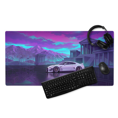 Nissan GT-R R35 Inspired White Purple Vaporwave Gaming Mouse Pad – Neon Palace Desk Mat, Retro Futuristic JDM Supercar Digital Art with Palm Trees