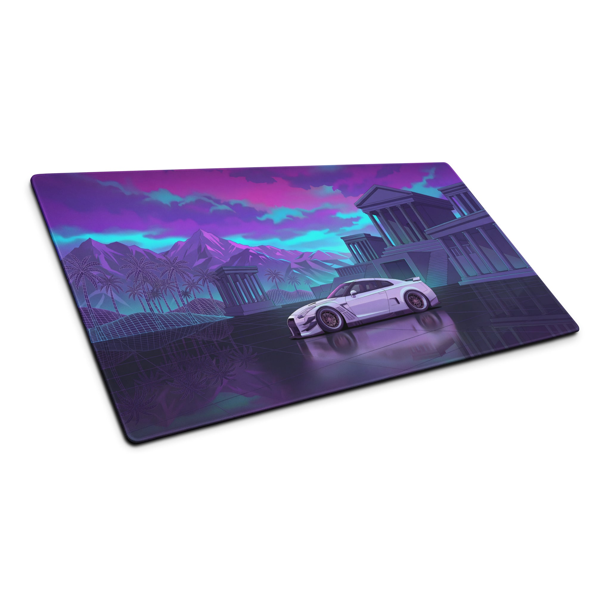 Nissan GT-R R35 Inspired White Purple Vaporwave Gaming Mouse Pad – Neon Palace Desk Mat, Retro Futuristic JDM Supercar Digital Art with Palm Trees