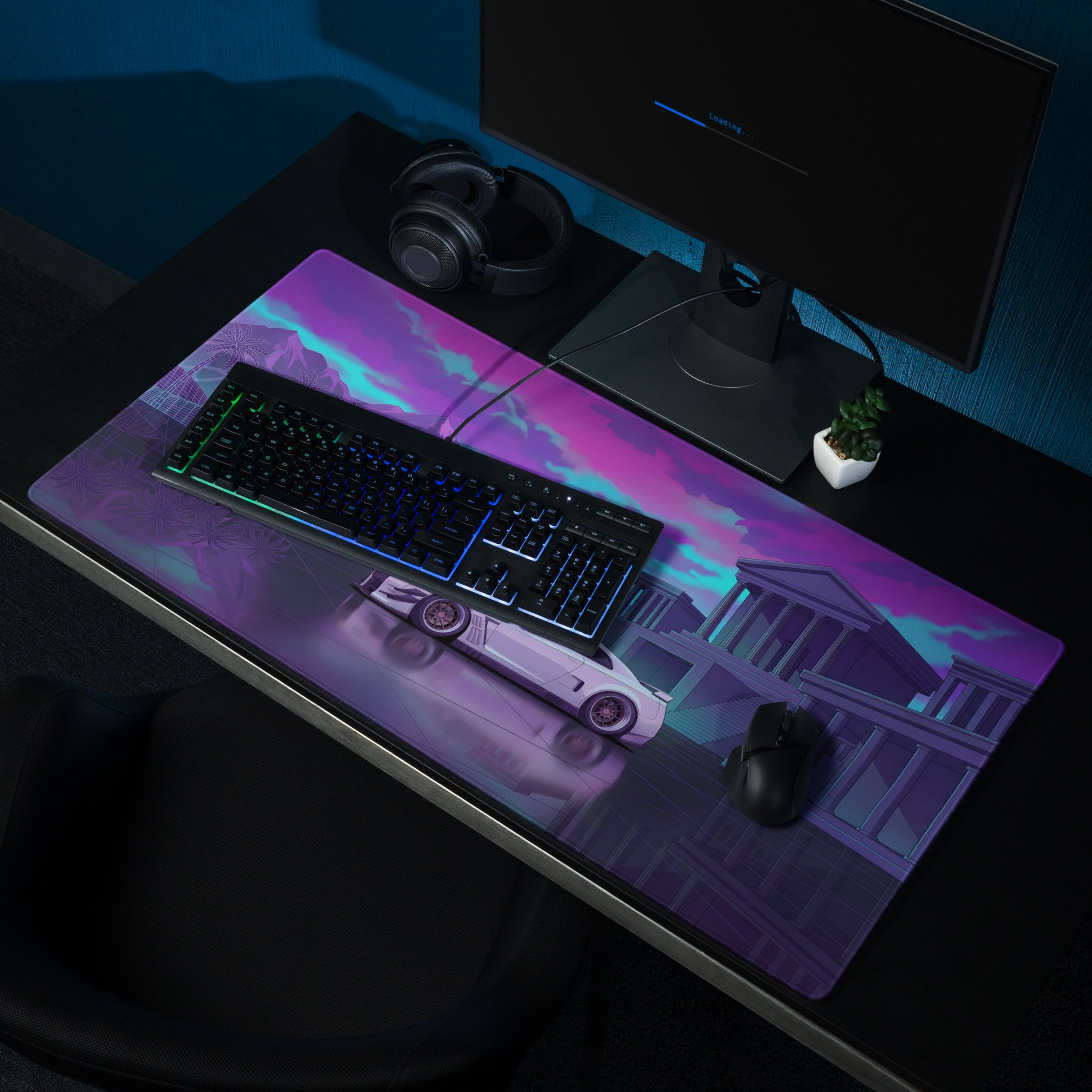 Nissan GT-R R35 Inspired White Purple Vaporwave Gaming Mouse Pad – Neon Palace Desk Mat, Retro Futuristic JDM Supercar Digital Art with Palm Trees