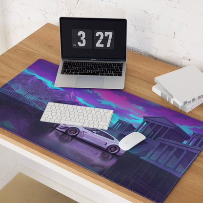 Nissan GT-R R35 Inspired White Purple Vaporwave Gaming Mouse Pad – Neon Palace Desk Mat, Retro Futuristic JDM Supercar Digital Art with Palm Trees