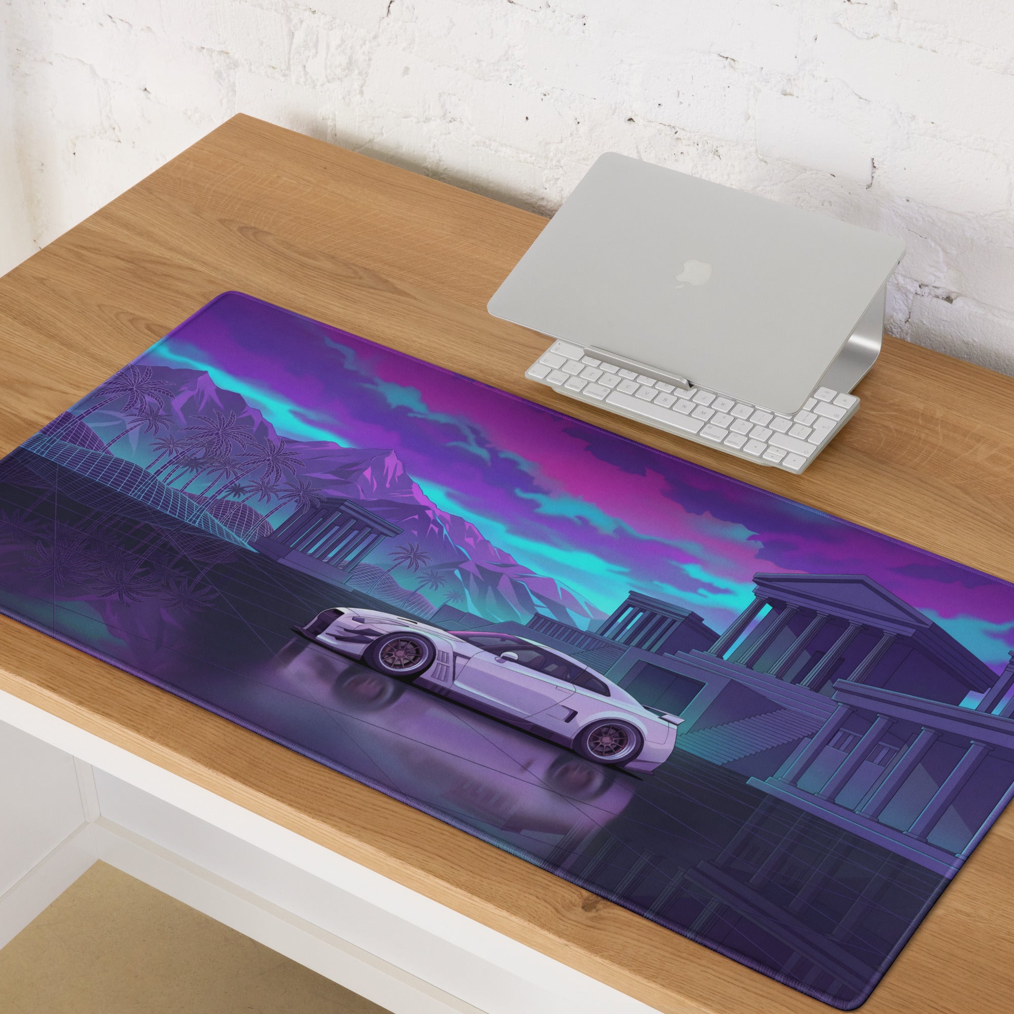 Nissan GT-R R35 Inspired White Purple Vaporwave Gaming Mouse Pad – Neon Palace Desk Mat, Retro Futuristic JDM Supercar Digital Art with Palm Trees