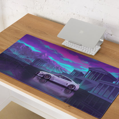 Nissan GT-R R35 Inspired White Purple Vaporwave Gaming Mouse Pad – Neon Palace Desk Mat, Retro Futuristic JDM Supercar Digital Art with Palm Trees