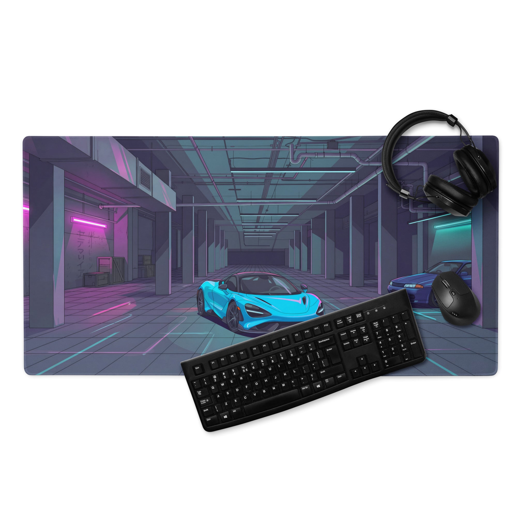 McLaren 765LT Inspired Cyan Blue Vaporwave Gaming Mouse Pad – Neon Underground Garage Desk Mat, Retro Futuristic Supercar and JDM Digital Art