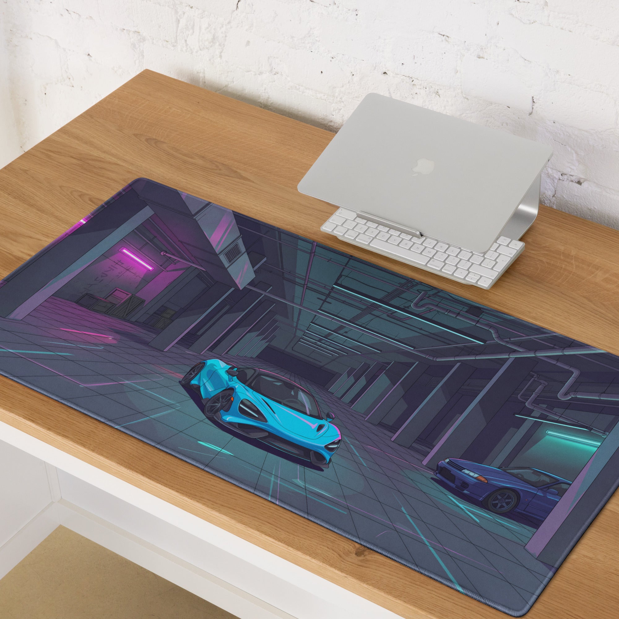 McLaren 765LT Inspired Cyan Blue Vaporwave Gaming Mouse Pad – Neon Underground Garage Desk Mat, Retro Futuristic Supercar and JDM Digital Art