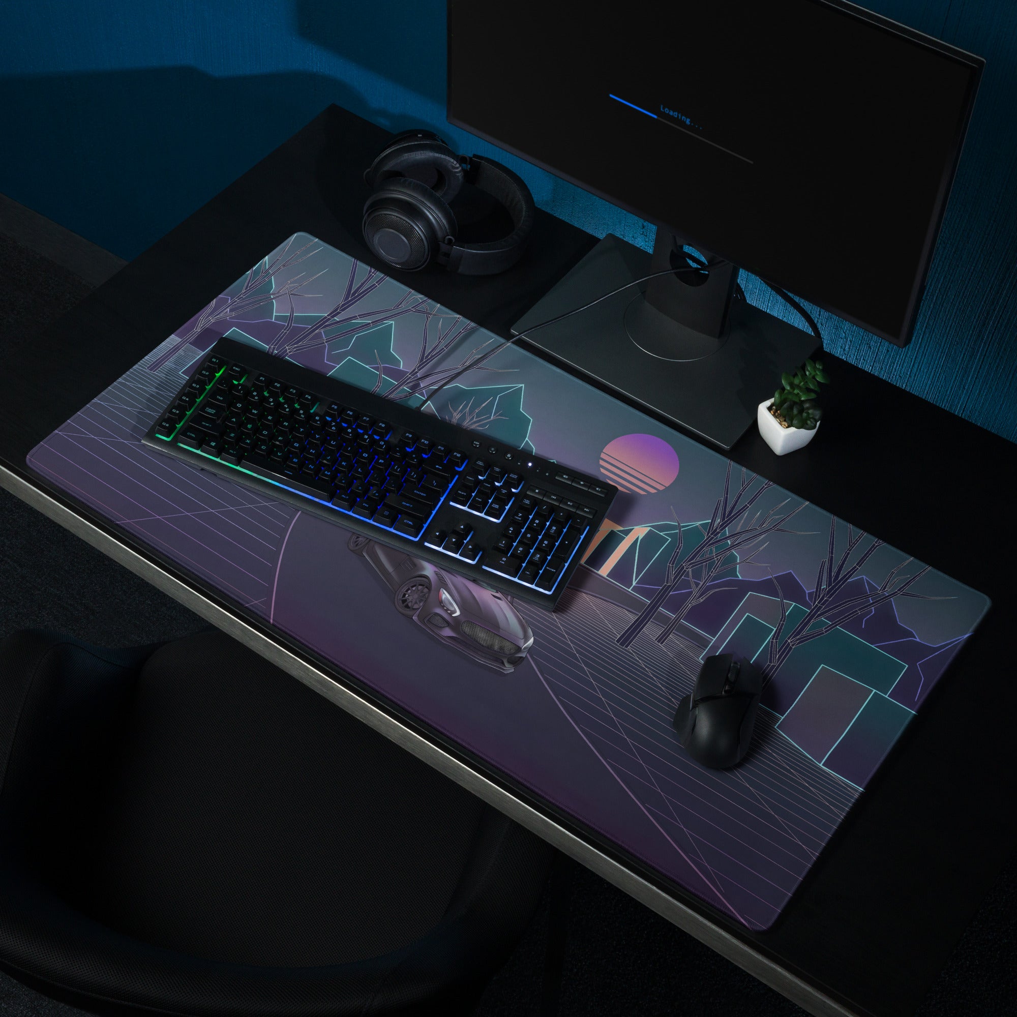 Mercedes-AMG GT Black Series Inspired Gray Vaporwave Gaming Mouse Pad – Neon Grid Forest Desk Mat, Retro Futuristic Supercar Sunset Digital Art