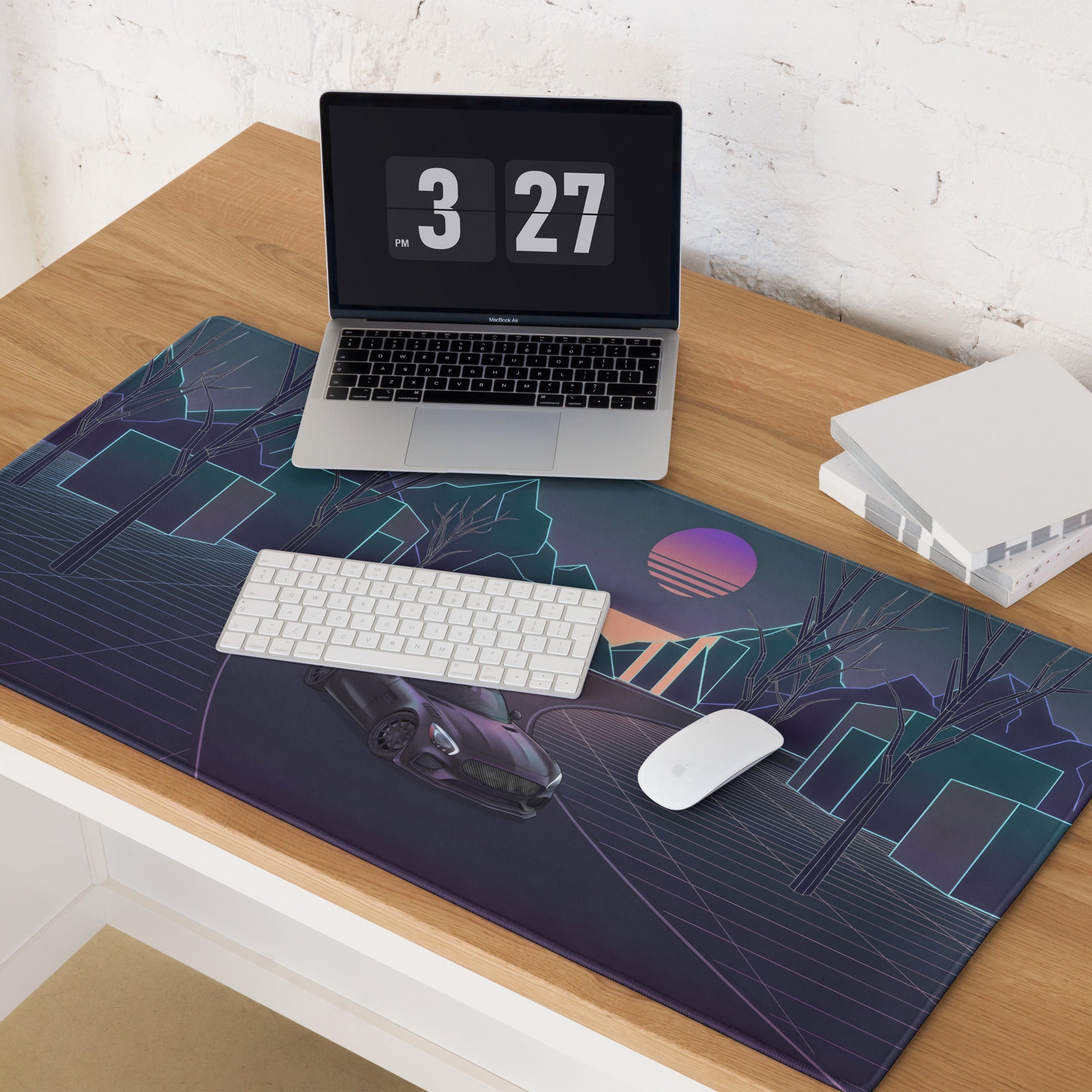 Mercedes-AMG GT Black Series Inspired Gray Vaporwave Gaming Mouse Pad – Neon Grid Forest Desk Mat, Retro Futuristic Supercar Sunset Digital Art