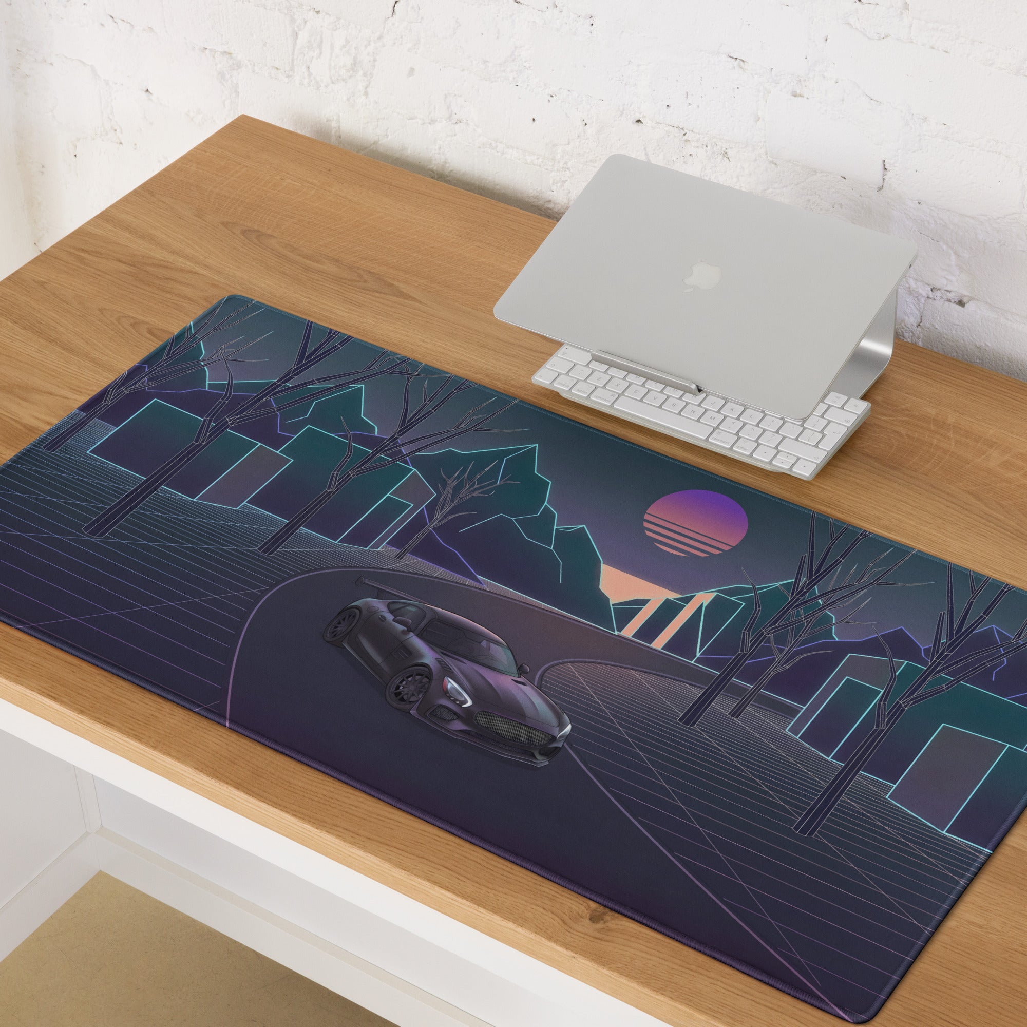 Mercedes-AMG GT Black Series Inspired Gray Vaporwave Gaming Mouse Pad – Neon Grid Forest Desk Mat, Retro Futuristic Supercar Sunset Digital Art