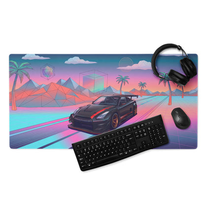 Nissan GT-R R35 Inspired Black Red Vaporwave Gaming Mouse Pad – Neon Pink Cyan Highway Desk Mat, Retro Futuristic JDM Supercar Digital Art