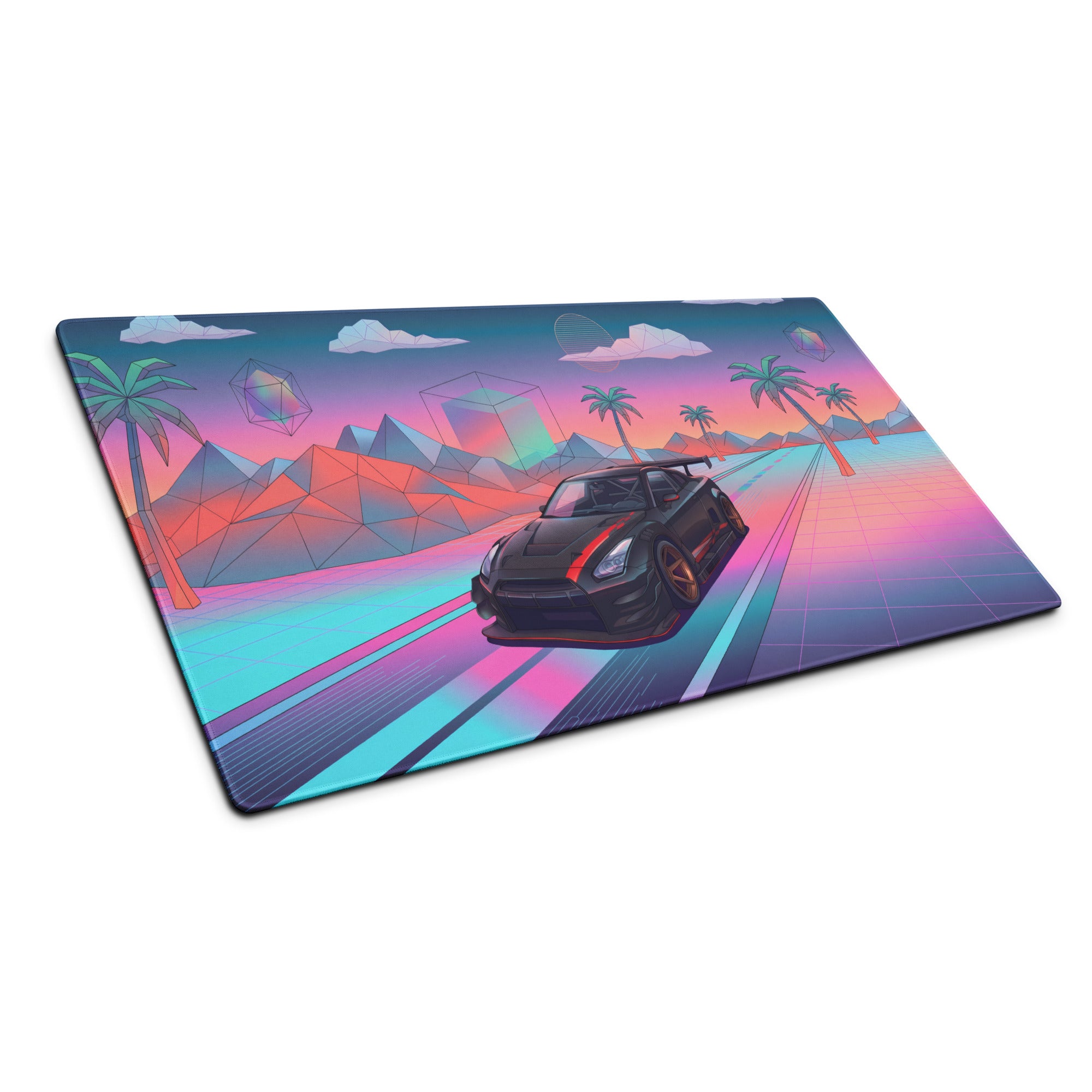 Nissan GT-R R35 Inspired Black Red Vaporwave Gaming Mouse Pad – Neon Pink Cyan Highway Desk Mat, Retro Futuristic JDM Supercar Digital Art
