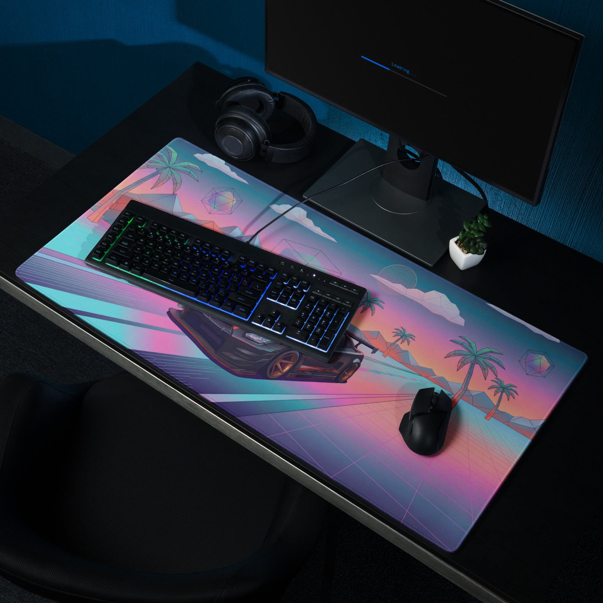 Nissan GT-R R35 Inspired Black Red Vaporwave Gaming Mouse Pad – Neon Pink Cyan Highway Desk Mat, Retro Futuristic JDM Supercar Digital Art