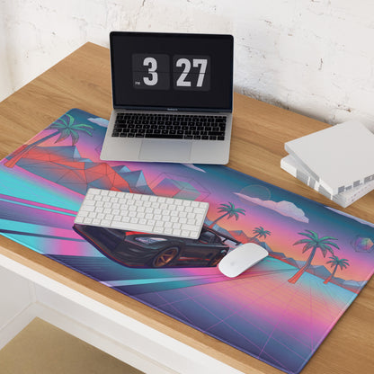 Nissan GT-R R35 Inspired Black Red Vaporwave Gaming Mouse Pad – Neon Pink Cyan Highway Desk Mat, Retro Futuristic JDM Supercar Digital Art